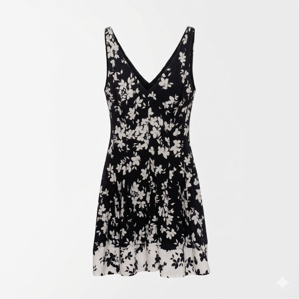 Lauren Ralph Lauren Dress Womens 14 Black White Floral Fit Flare Sleeveless Midi